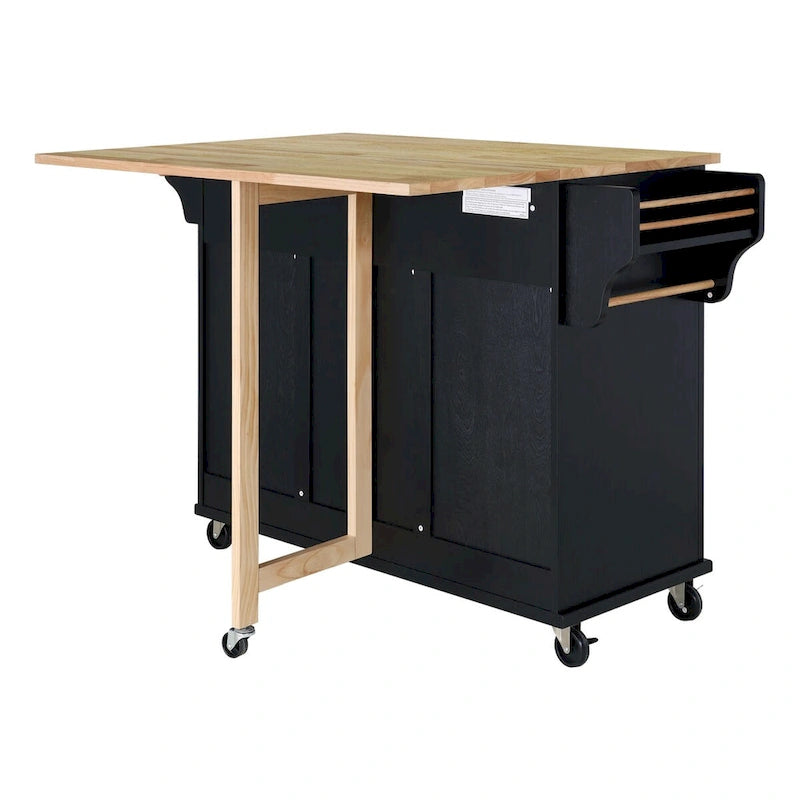 Natural Wood Top Kitchen Island with Storage, Easy-Glide Drawers and Heavy-Duty Casters