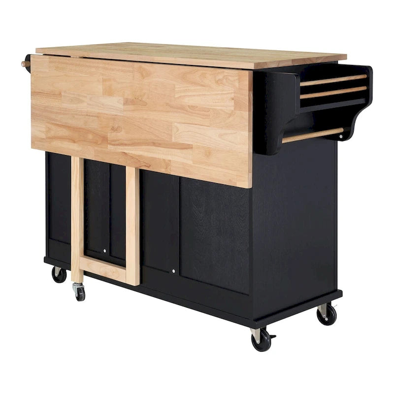Natural Wood Top Kitchen Island with Storage, Easy-Glide Drawers and Heavy-Duty Casters