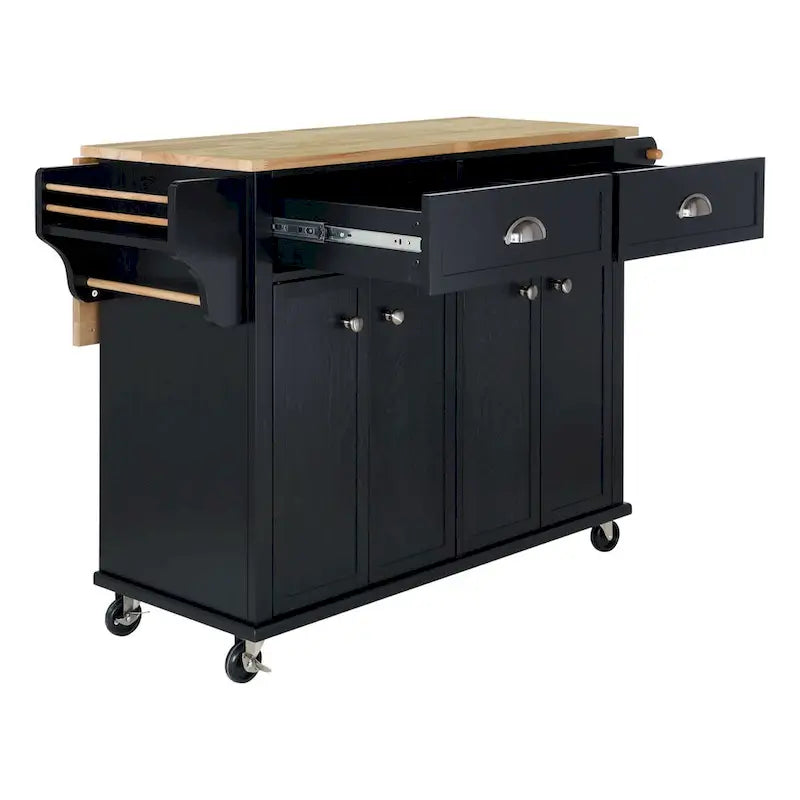 Natural Wood Top Kitchen Island with Storage, Easy-Glide Drawers and Heavy-Duty Casters