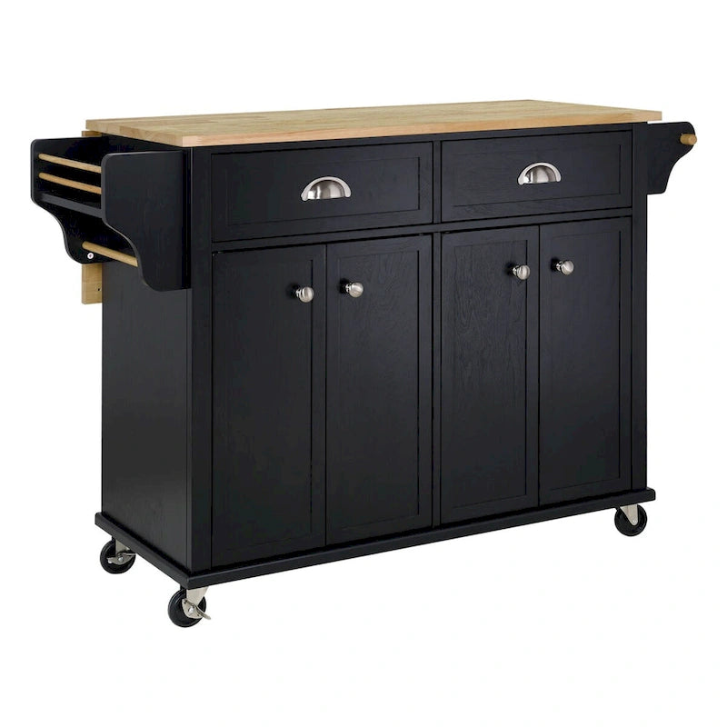 Natural Wood Top Kitchen Island with Storage, Easy-Glide Drawers and Heavy-Duty Casters