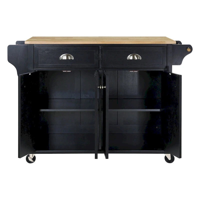 Natural Wood Top Kitchen Island with Storage, Easy-Glide Drawers and Heavy-Duty Casters