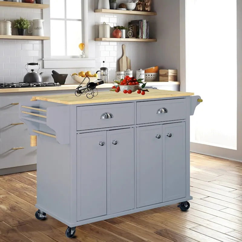 Natural Wood Top Kitchen Island with Storage, Easy-Glide Drawers and Heavy-Duty Casters