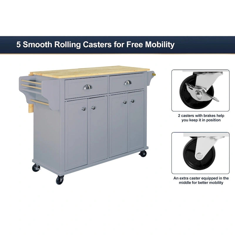 Natural Wood Top Kitchen Island with Storage, Easy-Glide Drawers and Heavy-Duty Casters