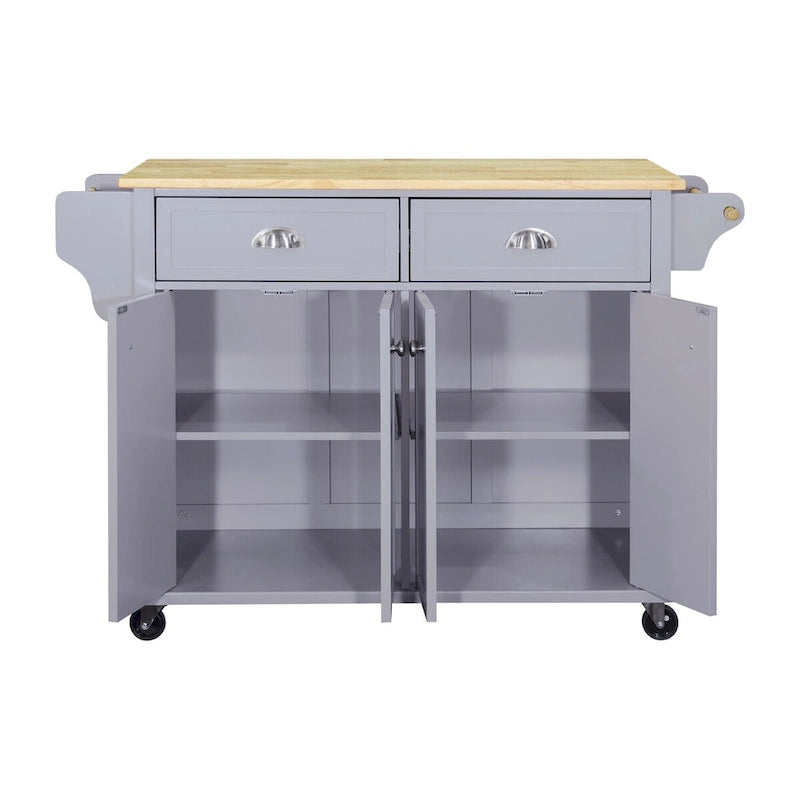 Natural Wood Top Kitchen Island with Storage, Easy-Glide Drawers and Heavy-Duty Casters