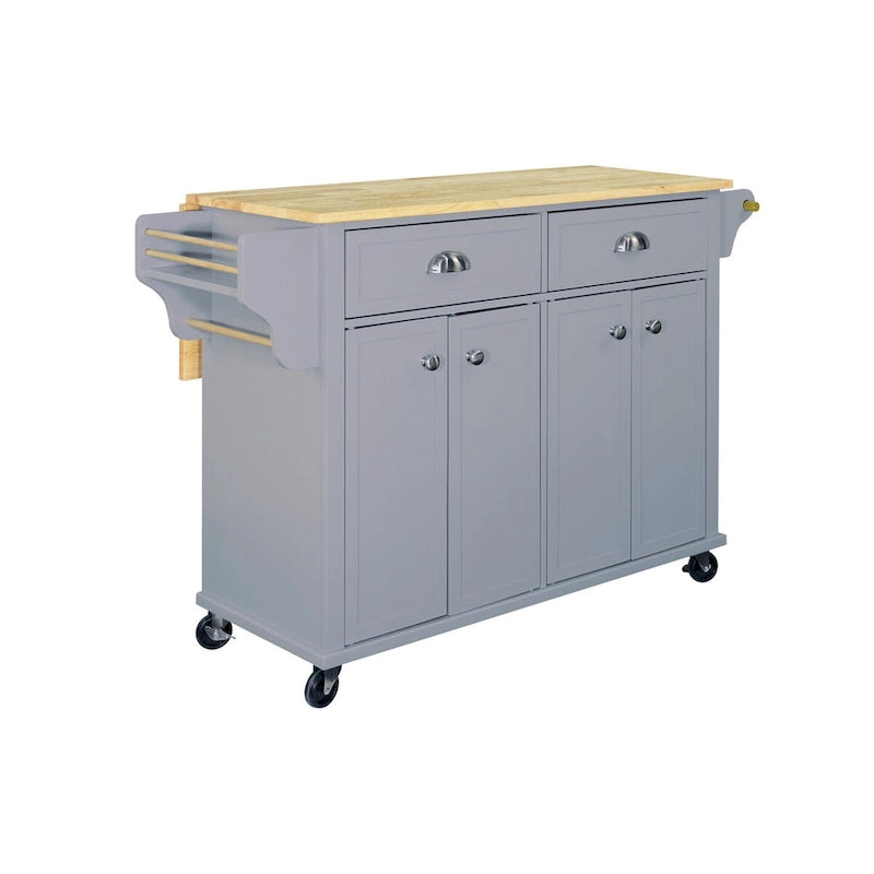 Natural Wood Top Kitchen Island with Storage, Easy-Glide Drawers and Heavy-Duty Casters