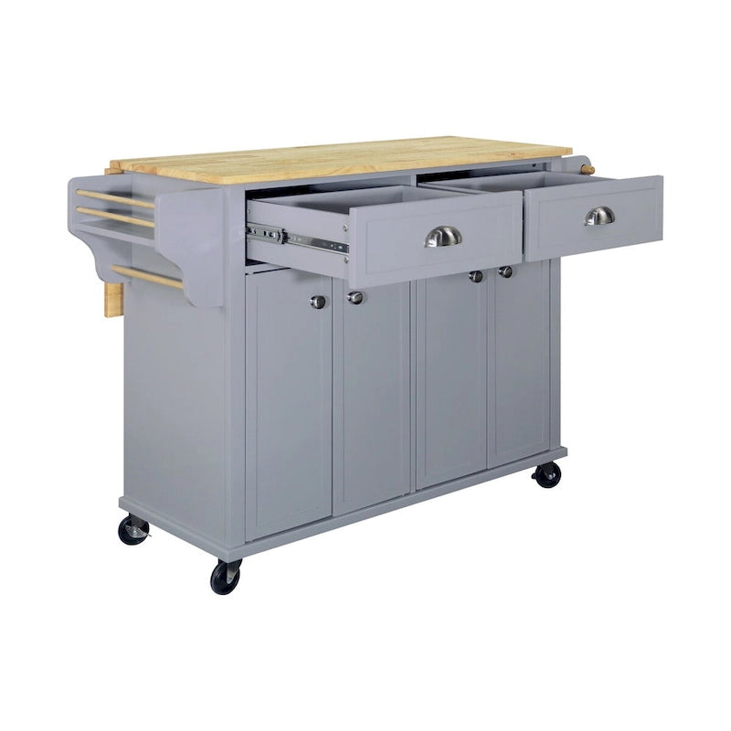 Natural Wood Top Kitchen Island with Storage, Easy-Glide Drawers and Heavy-Duty Casters