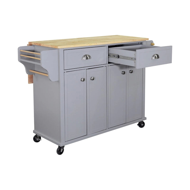 Natural Wood Top Kitchen Island with Storage, Easy-Glide Drawers and Heavy-Duty Casters