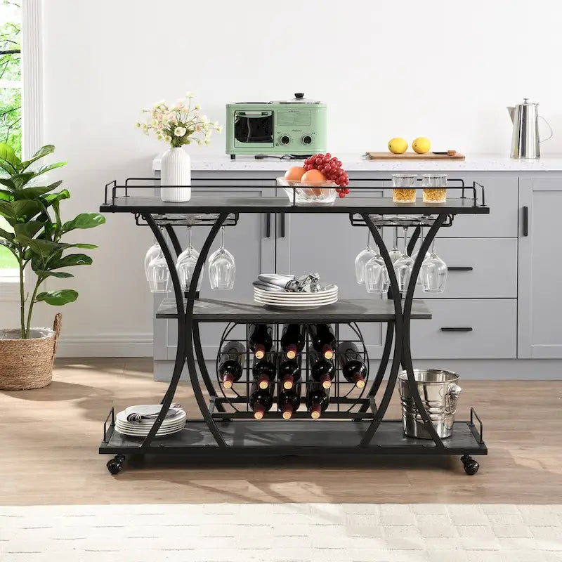 Industrial Bar Cart Kitchen Bar&Serving Cart with Wheels 3 Storage Shelves