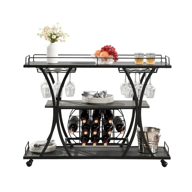 Industrial Bar Cart Kitchen Bar&Serving Cart with Wheels 3 Storage Shelves