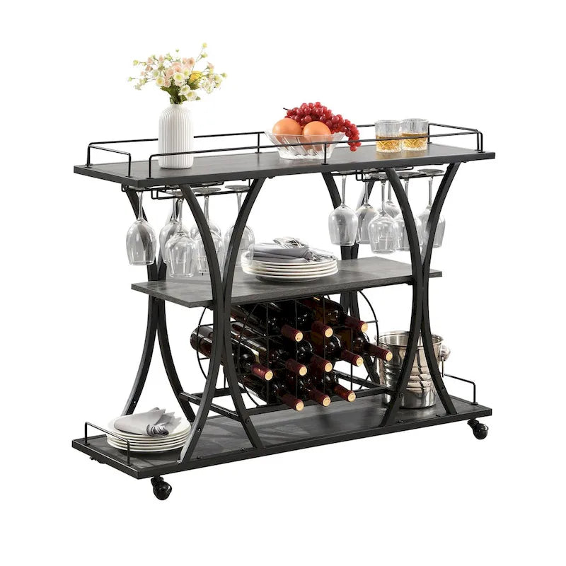 Industrial Bar Cart Kitchen Bar&Serving Cart with Wheels 3 Storage Shelves