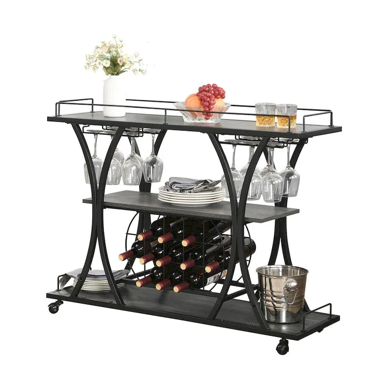 Industrial Bar Cart Kitchen Bar&Serving Cart with Wheels 3 Storage Shelves