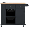 Kitchen Island with Power Outlet Kitchen Storage Island with Drop Leaf and Rubber Wood Open Storage and Wine Rack 5 Wheels