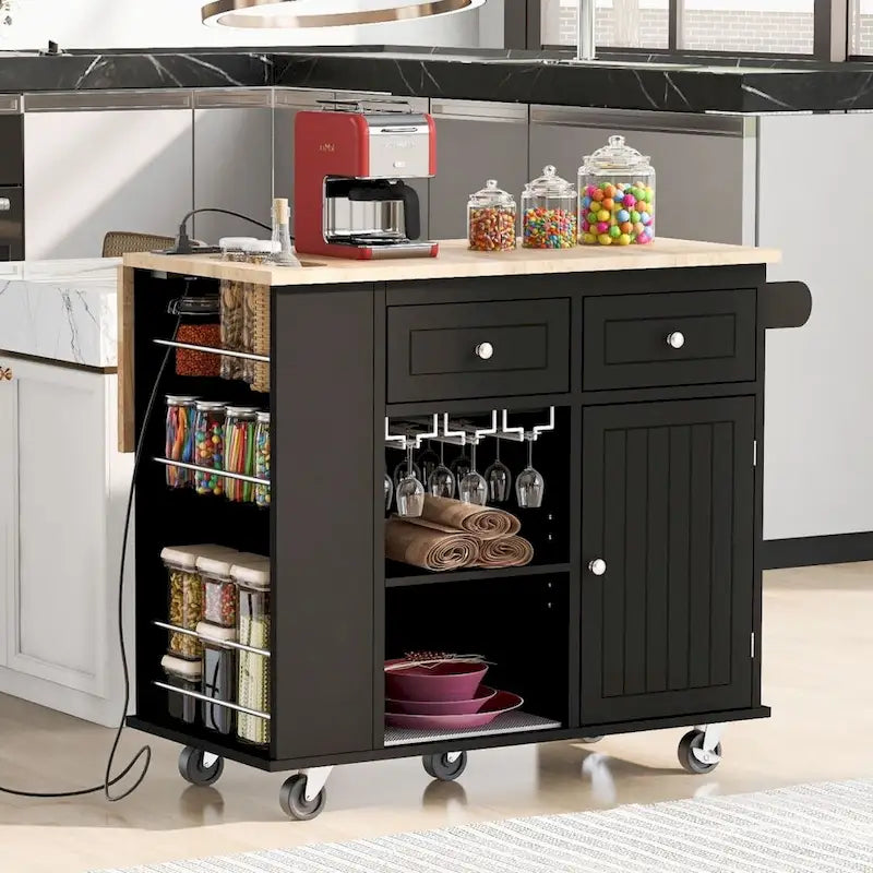 Kitchen Island with Power Outlet Kitchen Storage Island with Drop Leaf and Rubber Wood Open Storage and Wine Rack 5 Wheels