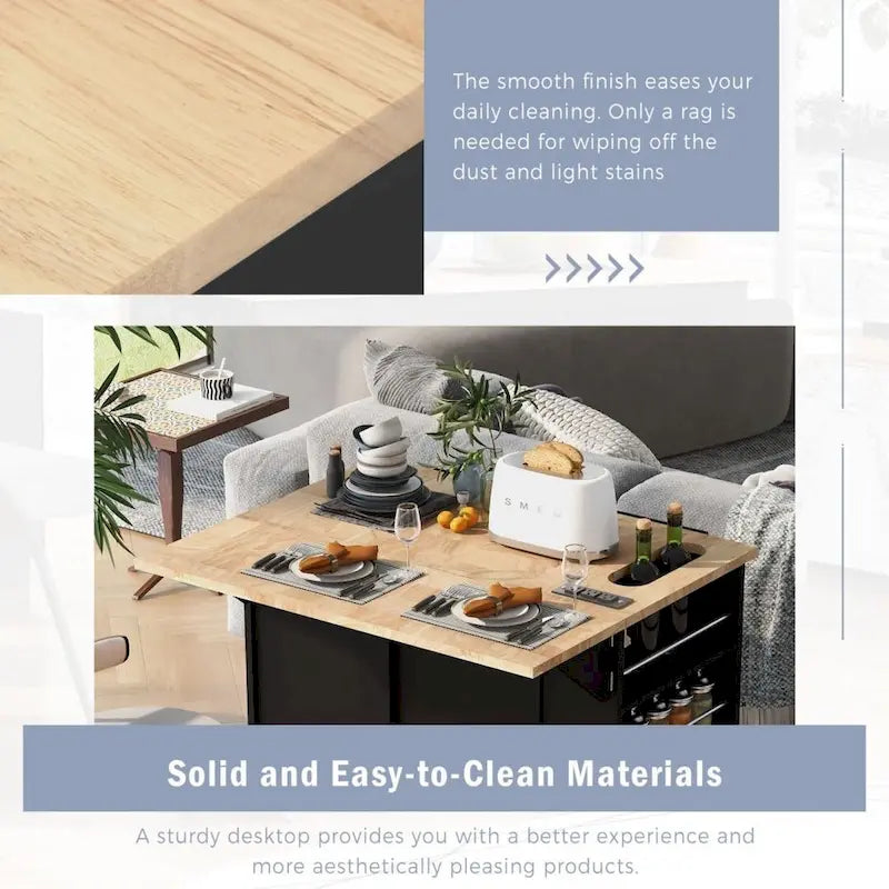 Kitchen Island with Power Outlet Kitchen Storage Island with Drop Leaf and Rubber Wood Open Storage and Wine Rack 5 Wheels