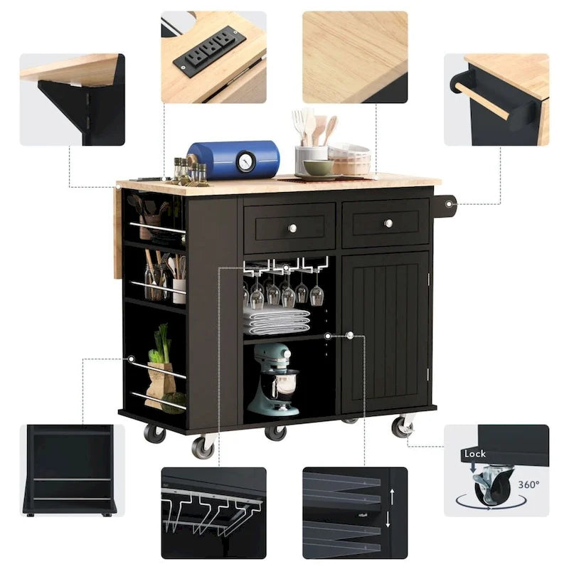 Kitchen Island with Power Outlet Kitchen Storage Island with Drop Leaf and Rubber Wood Open Storage and Wine Rack 5 Wheels