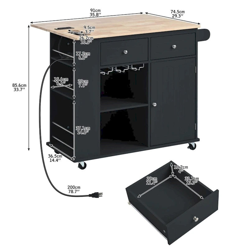 Kitchen Island with Power Outlet Kitchen Storage Island with Drop Leaf and Rubber Wood Open Storage and Wine Rack 5 Wheels