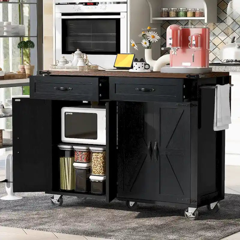 53.5Farmhouse Kitchen Island with Power Outlet, Kitchen Storage Island with Drop Leaf, Spice Rack and Drawer