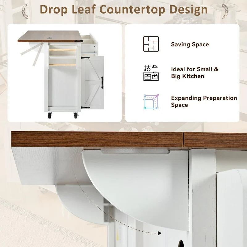 53.5Farmhouse Kitchen Island with Power Outlet, Kitchen Storage Island with Drop Leaf, Spice Rack and Drawer