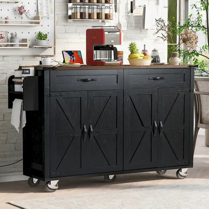 53.5Farmhouse Kitchen Island with Power Outlet, Kitchen Storage Island with Drop Leaf, Spice Rack and Drawer