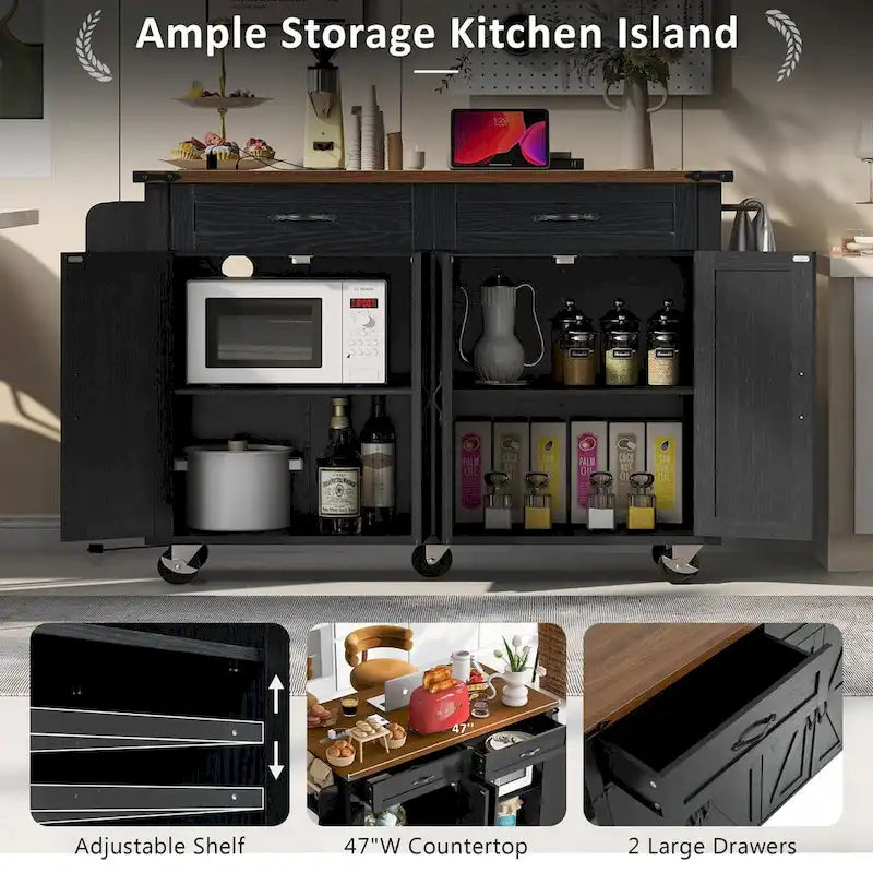 53.5Farmhouse Kitchen Island with Power Outlet, Kitchen Storage Island with Drop Leaf, Spice Rack and Drawer