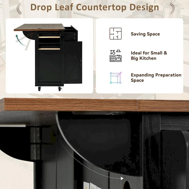 53.5Farmhouse Kitchen Island with Power Outlet, Kitchen Storage Island with Drop Leaf, Spice Rack and Drawer