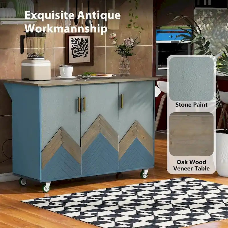 51 in. W Kitchen Island Retro Drop-Leaf Desktop on 4 Wheels with Internal Storage Rack and Towel Rack