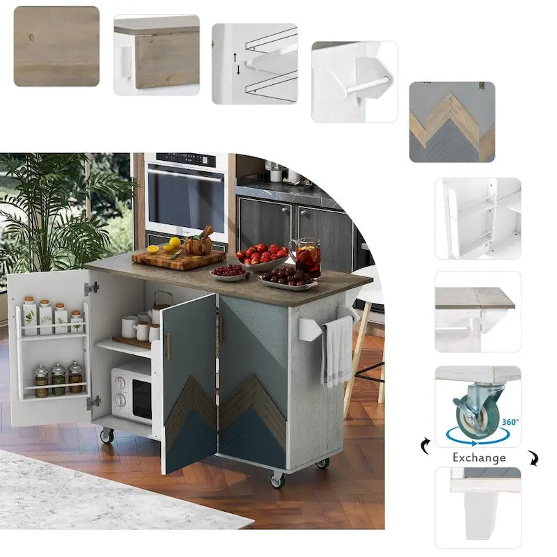 51 in. W Kitchen Island Retro Drop-Leaf Desktop on 4 Wheels with Internal Storage Rack and Towel Rack