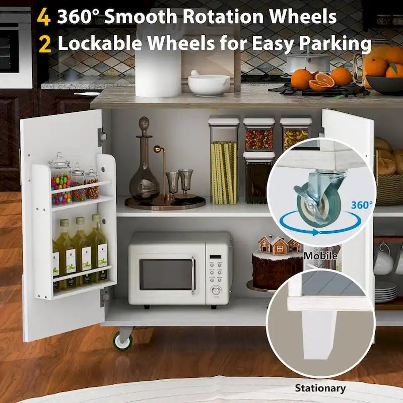 51 in. W Kitchen Island Retro Drop-Leaf Desktop on 4 Wheels with Internal Storage Rack and Towel Rack