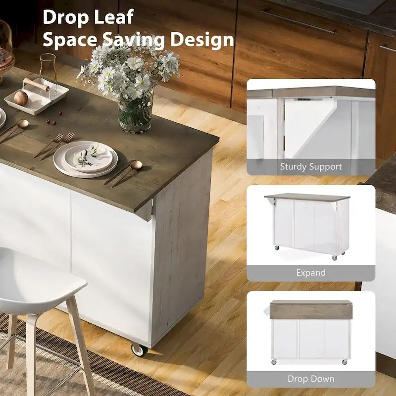 51 in. W Kitchen Island Retro Drop-Leaf Desktop on 4 Wheels with Internal Storage Rack and Towel Rack