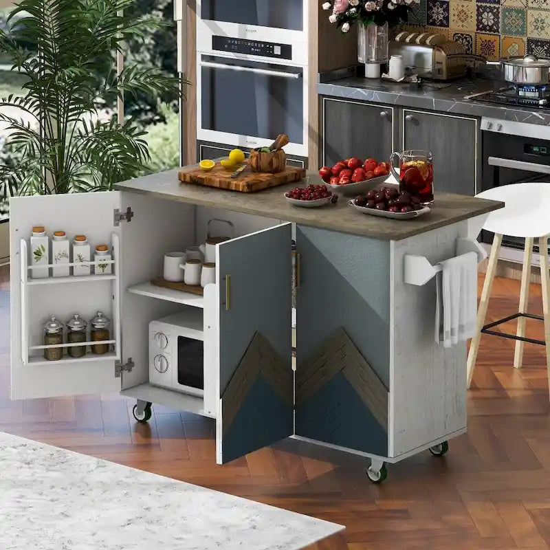 47D Wood Kitchen Island with Drop Leaf, with Internal Storage Rack