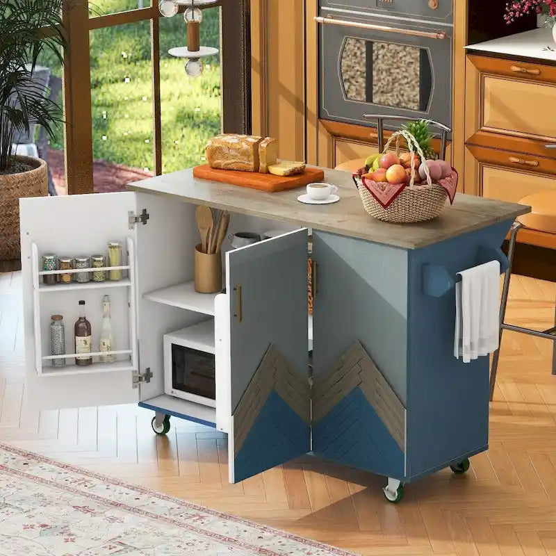 47D Wood Kitchen Island with Drop Leaf, with Internal Storage Rack
