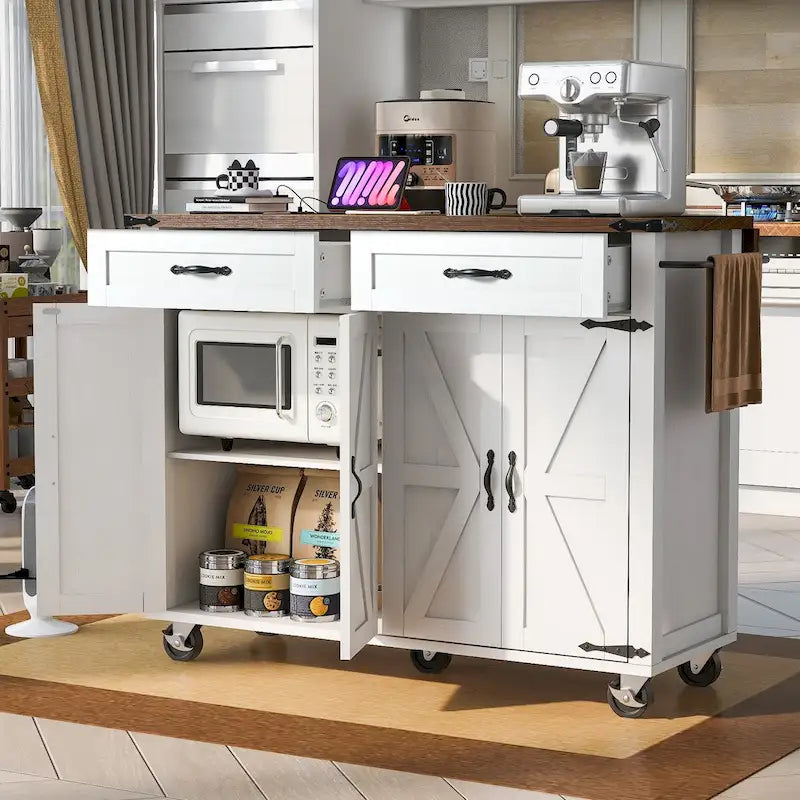 53.5 Farmhouse Kitchen Island with Power Outlet, Kitchen Storage Island with Drop Leaf, Rolling Cart On Wheels.
