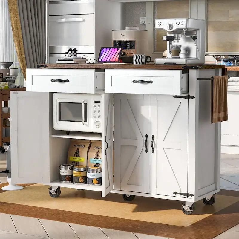 53.5 Farmhouse Kitchen Island with Power Outlet, Kitchen Storage Island with Drop Leaf, Rolling Cart On Wheels.