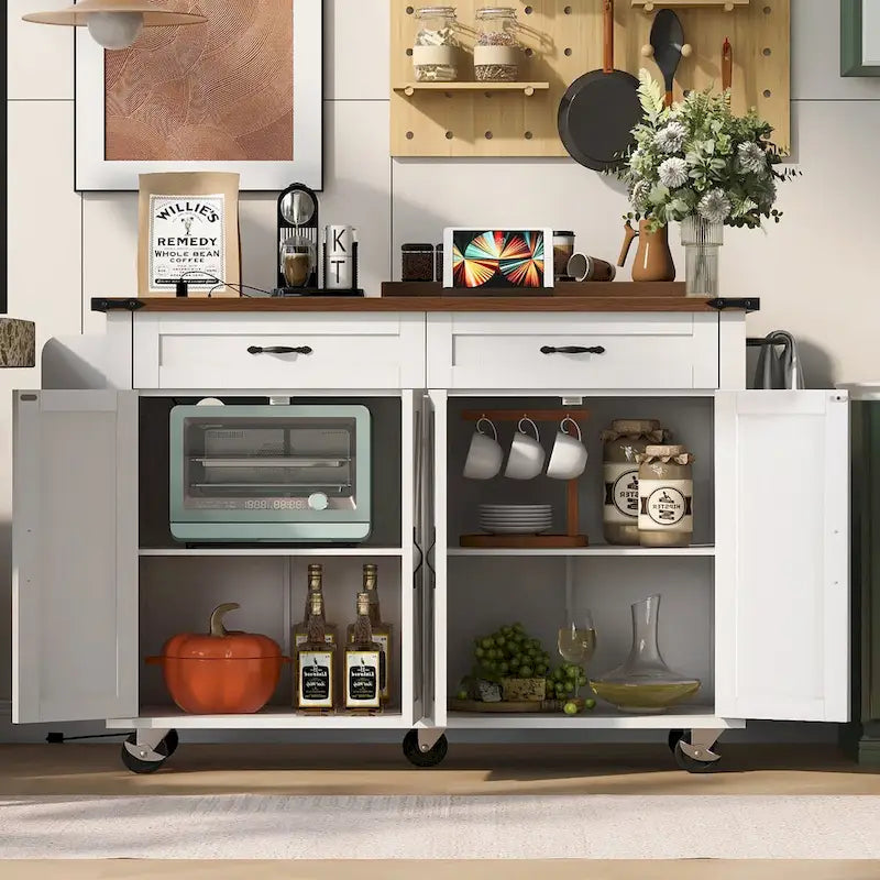 53.5 Farmhouse Kitchen Island with Power Outlet, Kitchen Storage Island with Drop Leaf, Rolling Cart On Wheels.