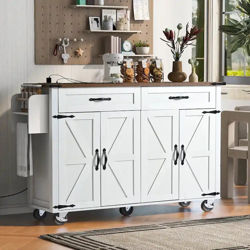 53.5 Farmhouse Kitchen Island with Power Outlet, Kitchen Storage Island with Drop Leaf, Rolling Cart On Wheels.