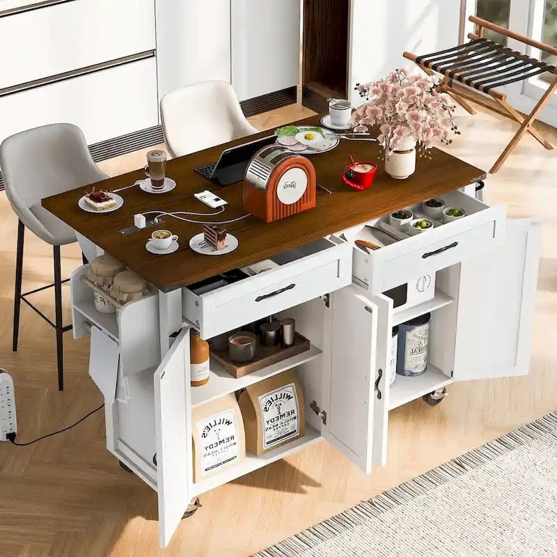 53.5 Farmhouse Kitchen Island with Power Outlet, Kitchen Storage Island with Drop Leaf, Rolling Cart On Wheels.