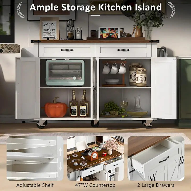 53.5 Farmhouse Kitchen Island with Power Outlet, Kitchen Storage Island with Drop Leaf, Rolling Cart On Wheels.