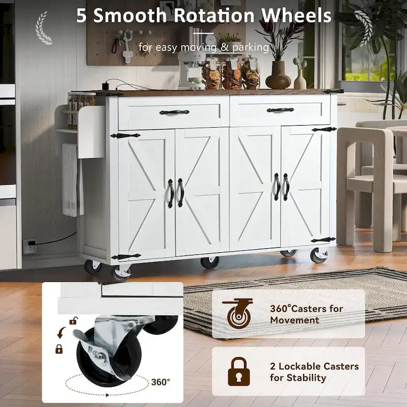53.5 Farmhouse Kitchen Island with Power Outlet, Kitchen Storage Island with Drop Leaf, Rolling Cart On Wheels.