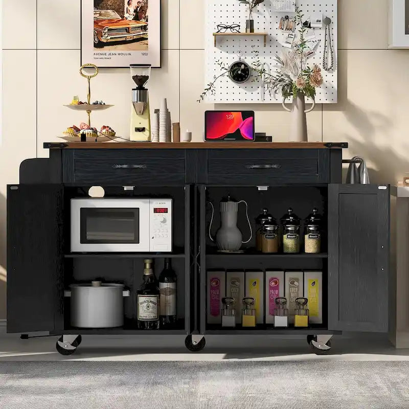 53.5 Farmhouse Kitchen Island with Power Outlet, Kitchen Storage Island with Drop Leaf, Rolling Cart On Wheels.
