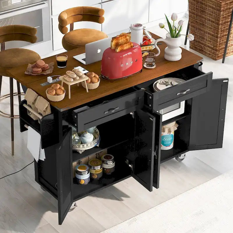 53.5 Farmhouse Kitchen Island with Power Outlet, Kitchen Storage Island with Drop Leaf, Rolling Cart On Wheels.