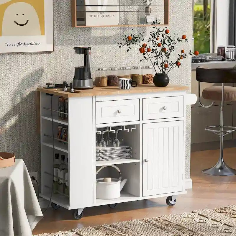 Multifunctional Kitchen Cart with Power Outlet, Open Storage and Wine Rack - 40 x 34 in.