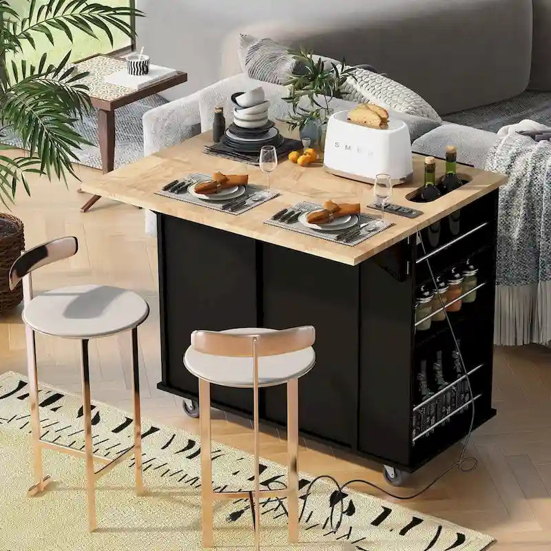 Multifunctional Kitchen Cart with Power Outlet, Open Storage and Wine Rack - 40 x 34 in.