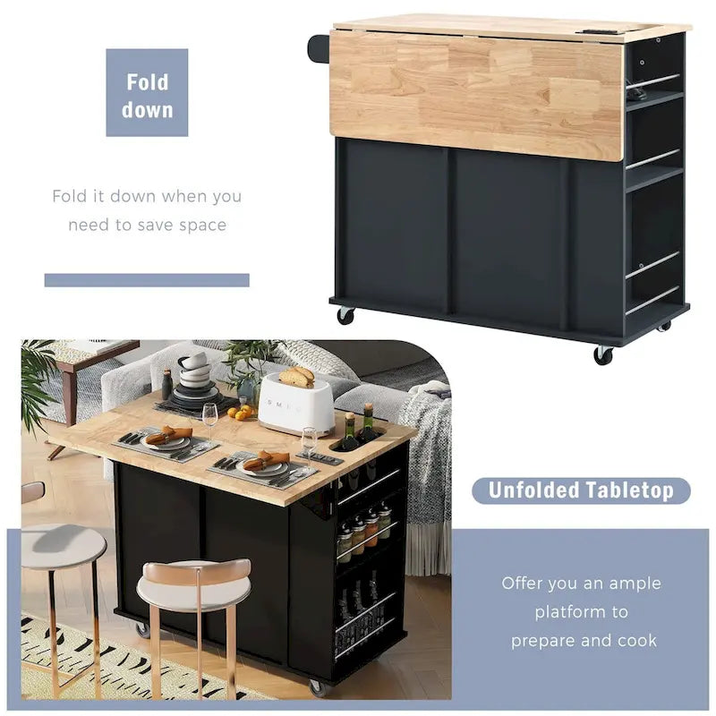 Multifunctional Kitchen Cart with Power Outlet, Open Storage and Wine Rack - 40 x 34 in.