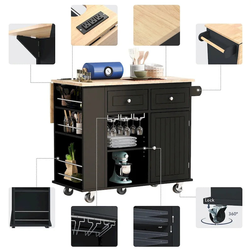 Multifunctional Kitchen Cart with Power Outlet, Open Storage and Wine Rack - 40 x 34 in.