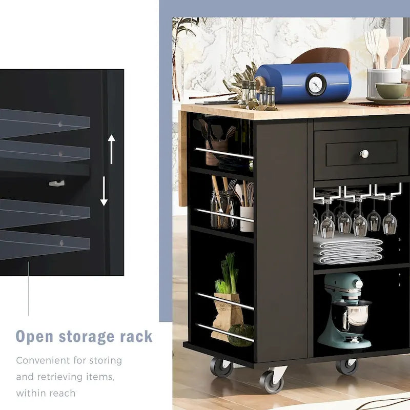 Multifunctional Kitchen Cart with Power Outlet, Open Storage and Wine Rack - 40 x 34 in.
