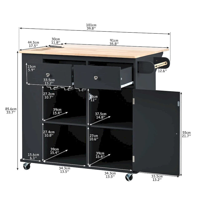 Multifunctional Kitchen Cart with Power Outlet, Open Storage and Wine Rack - 40 x 34 in.