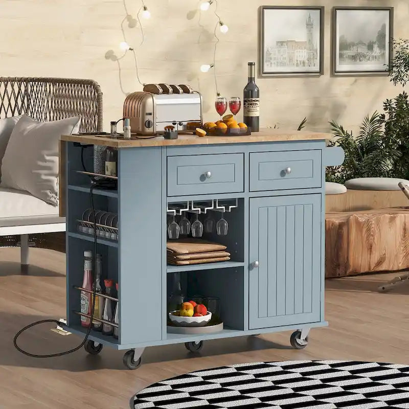 Multifunctional Kitchen Cart with Power Outlet, Open Storage and Wine Rack - 40 x 34 in.