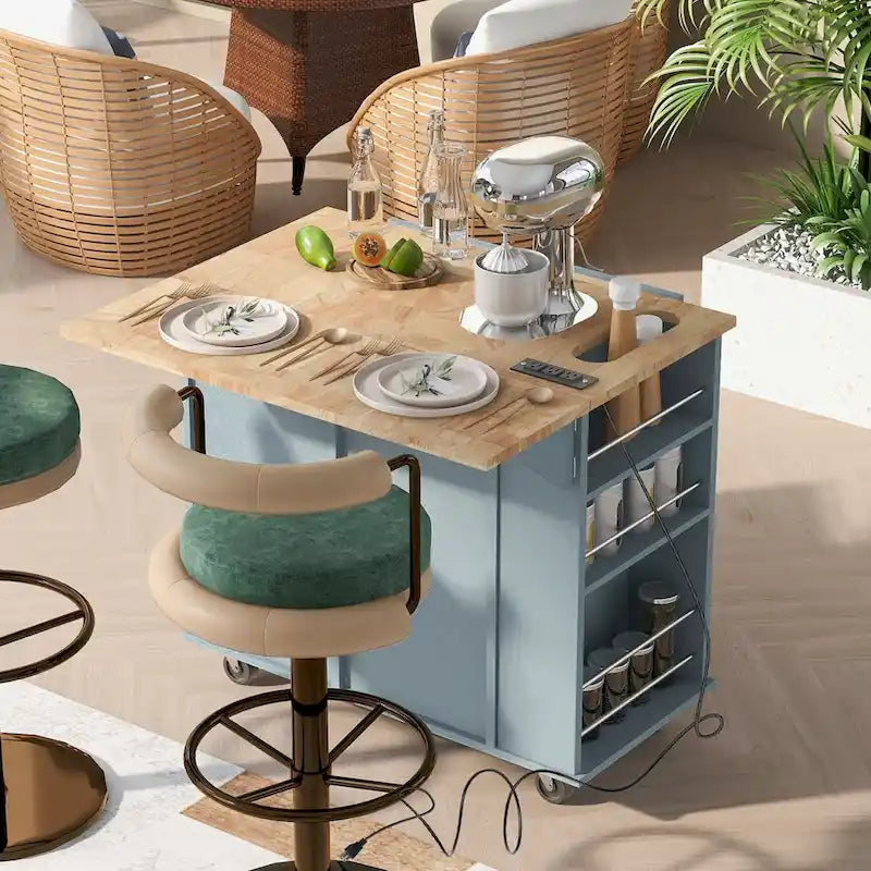 Multifunctional Kitchen Cart with Power Outlet, Open Storage and Wine Rack - 40 x 34 in.