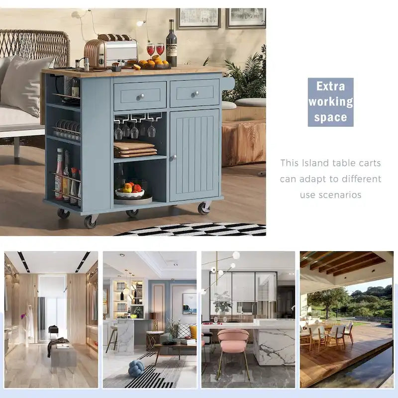 Multifunctional Kitchen Cart with Power Outlet, Open Storage and Wine Rack - 40 x 34 in.