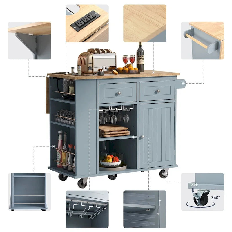 Multifunctional Kitchen Cart with Power Outlet, Open Storage and Wine Rack - 40 x 34 in.